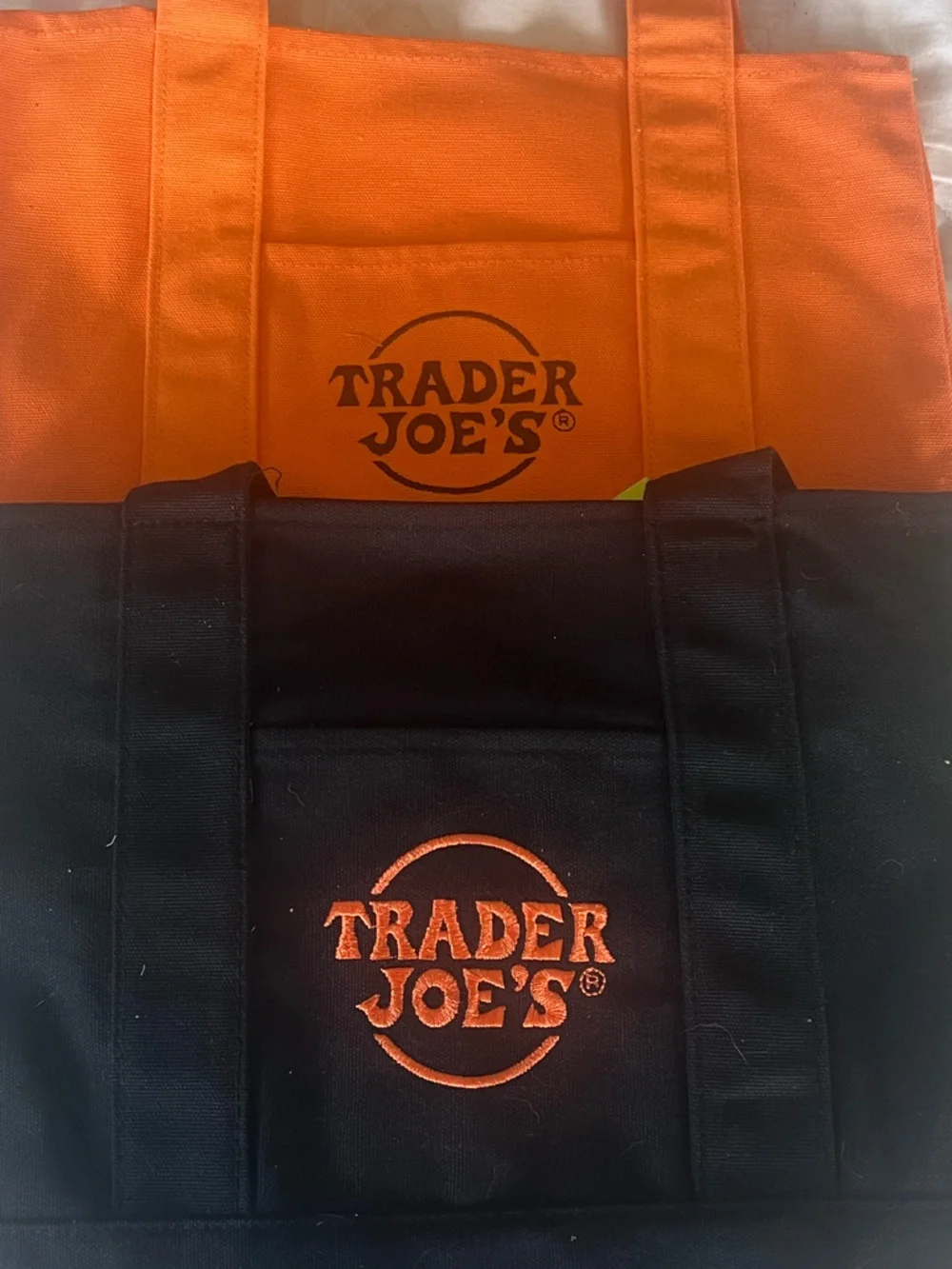 NWT set of 2 Trader Joe's Orange and Black Reusable Grocery Tote Bags. Halloween